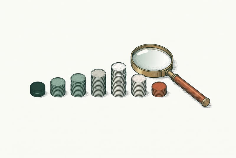 A row of descending coin stacks examined under a magnifying glass.