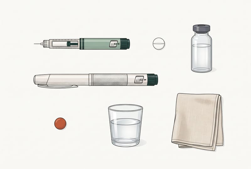 GLP-1 medication forms — injection pens, a tablet, and a vial — beside a glass of water.