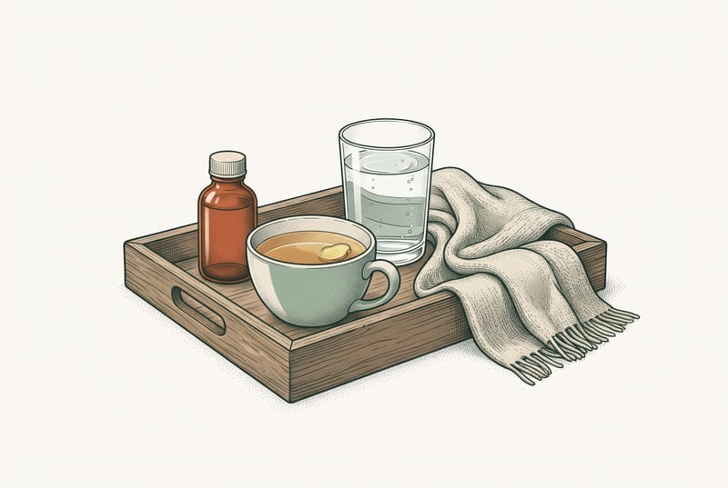 A comfort tray with ginger tea, water, and a medicine bottle beside a folded blanket.